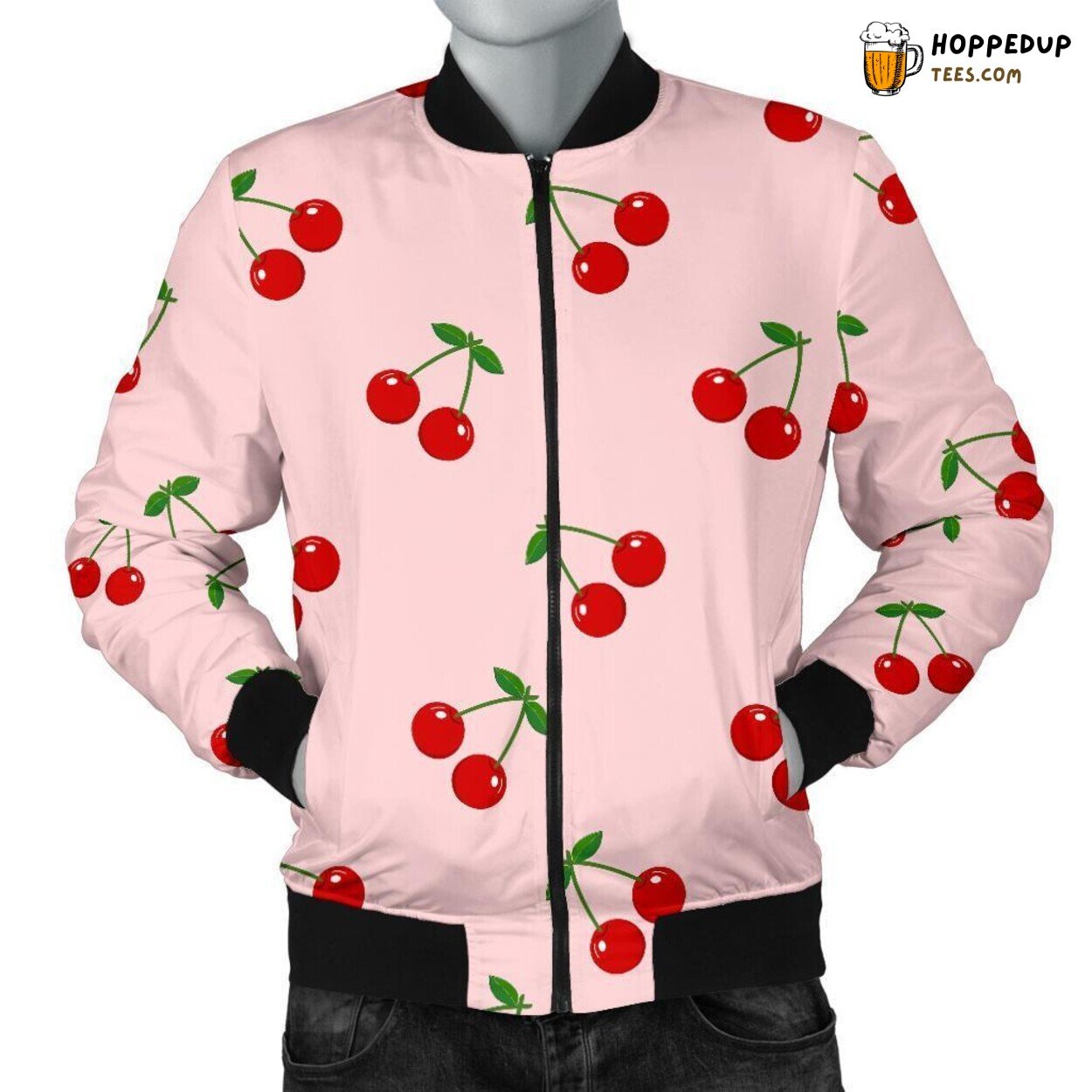 Pink Cherry Elegance Men’s Bomber Jacket Unique Pattern Design Essence Art