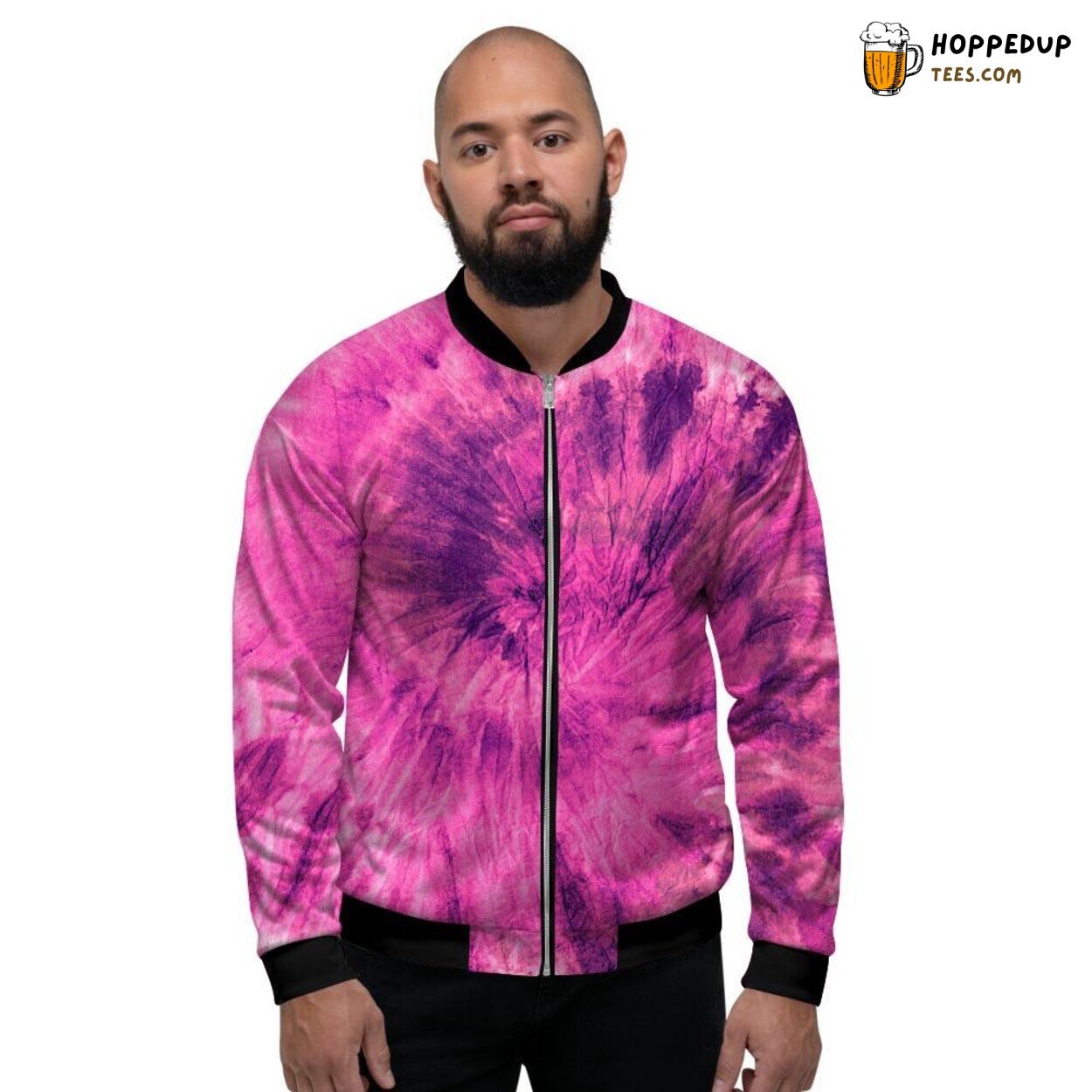 Pink Color Swirl Tie Dye Men’s Bomber Jacket Retro Inspired Vibrant Design