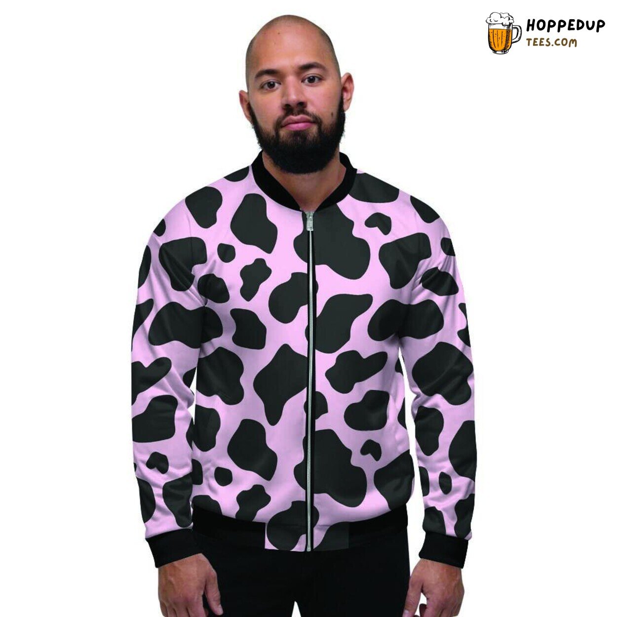 Pink Cow Art Black Vibrant Print Men’s Bomber Jacket Animal Pattern Tribute