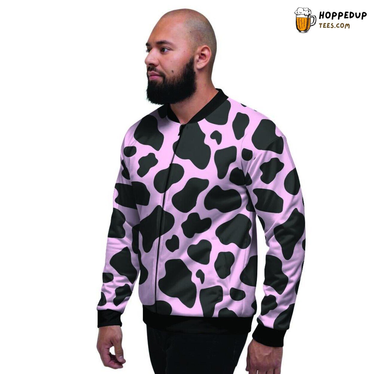 Pink Cow Art Black Vibrant Print Men’s Bomber Jacket Animal Pattern Tribute