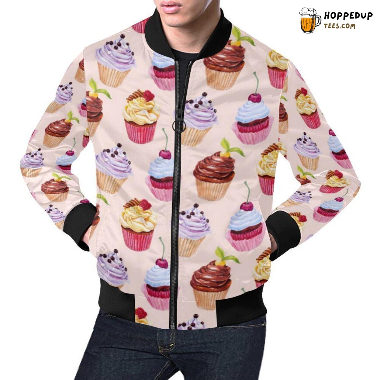 Pink Cupcake Distinctive Pattern Print Men’s Bomber Jacket Design Pink Cupcake Distinctive Pattern Print Men’s Bomber Jacket Design