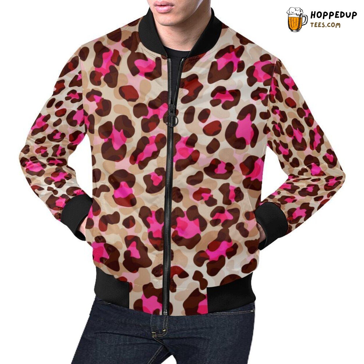 Pink Dot Cheetah Leopard Pattern Men’s Bomber Jacket Unique Designer Print Pink Dot Cheetah Leopard Pattern Men’s Bomber Jacket Unique Designer Print
