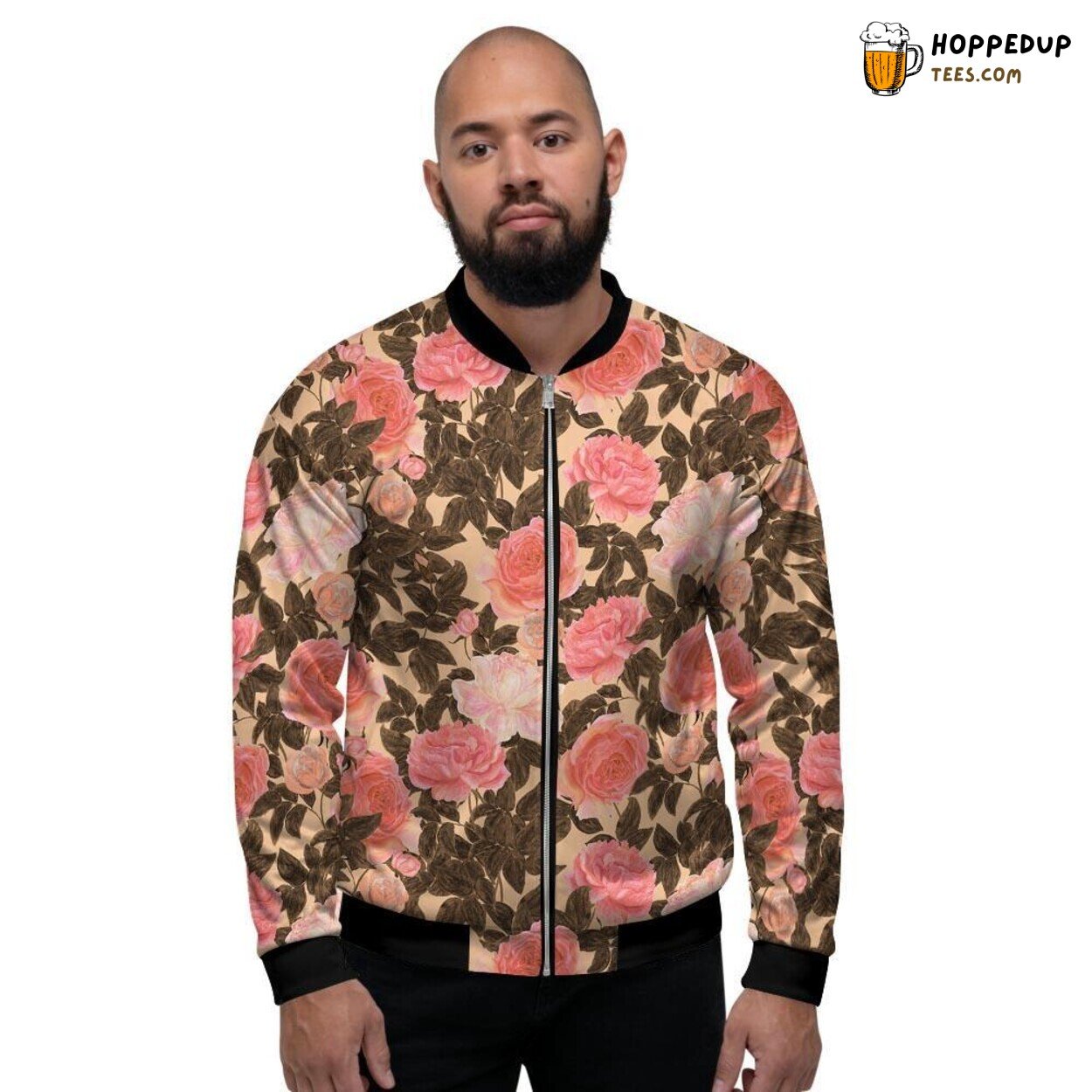 Pink Floral Featuring Prominent Rose Design Men’s Bomber Jacket Artistry Showcase