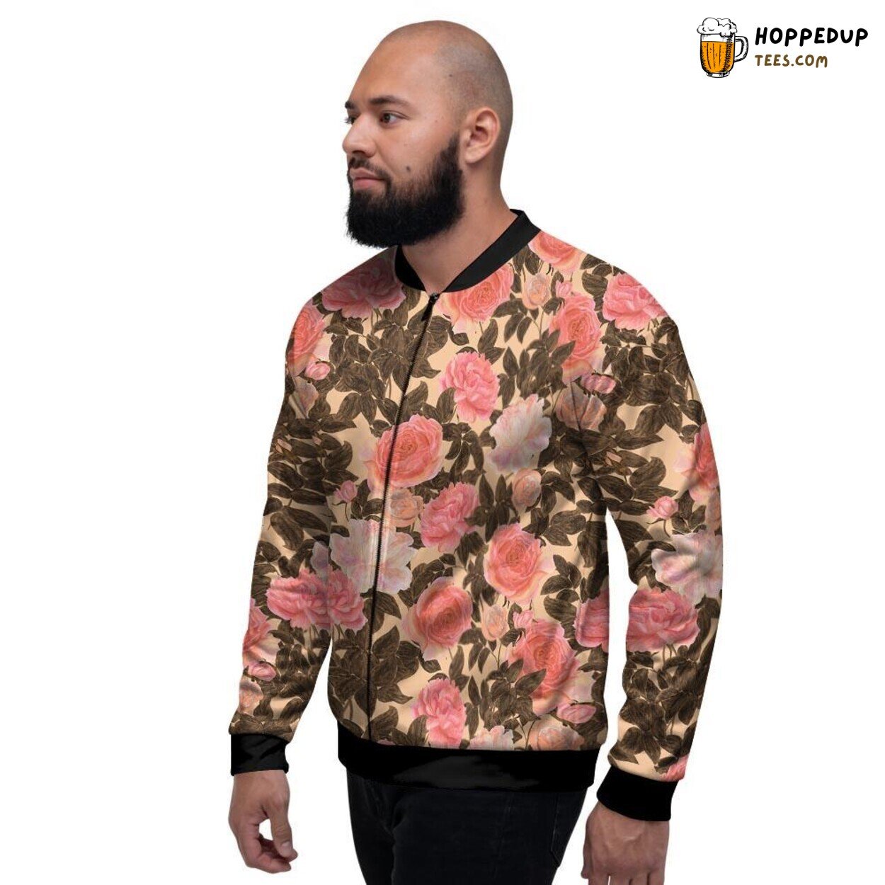 Pink Floral Featuring Prominent Rose Design Men’s Bomber Jacket Artistry Showcase