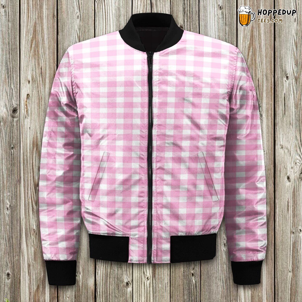 Pink Gingham Checkered Pattern Bomber Jacket