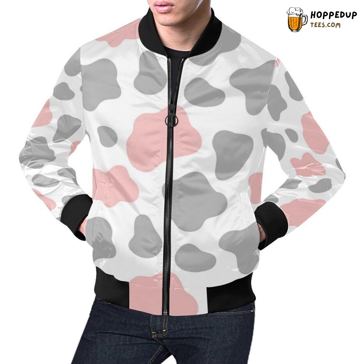 Pink Gray Cow Unique Pattern Men’s Bomber Jacket Designer Print Exclusive Pink Gray Cow Unique Pattern Men’s Bomber Jacket Designer Print Exclusive