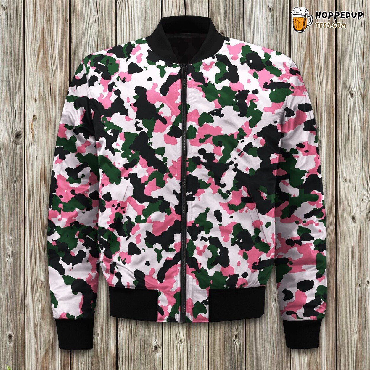 Pink Green And Black Camouflage Bomber Jacket