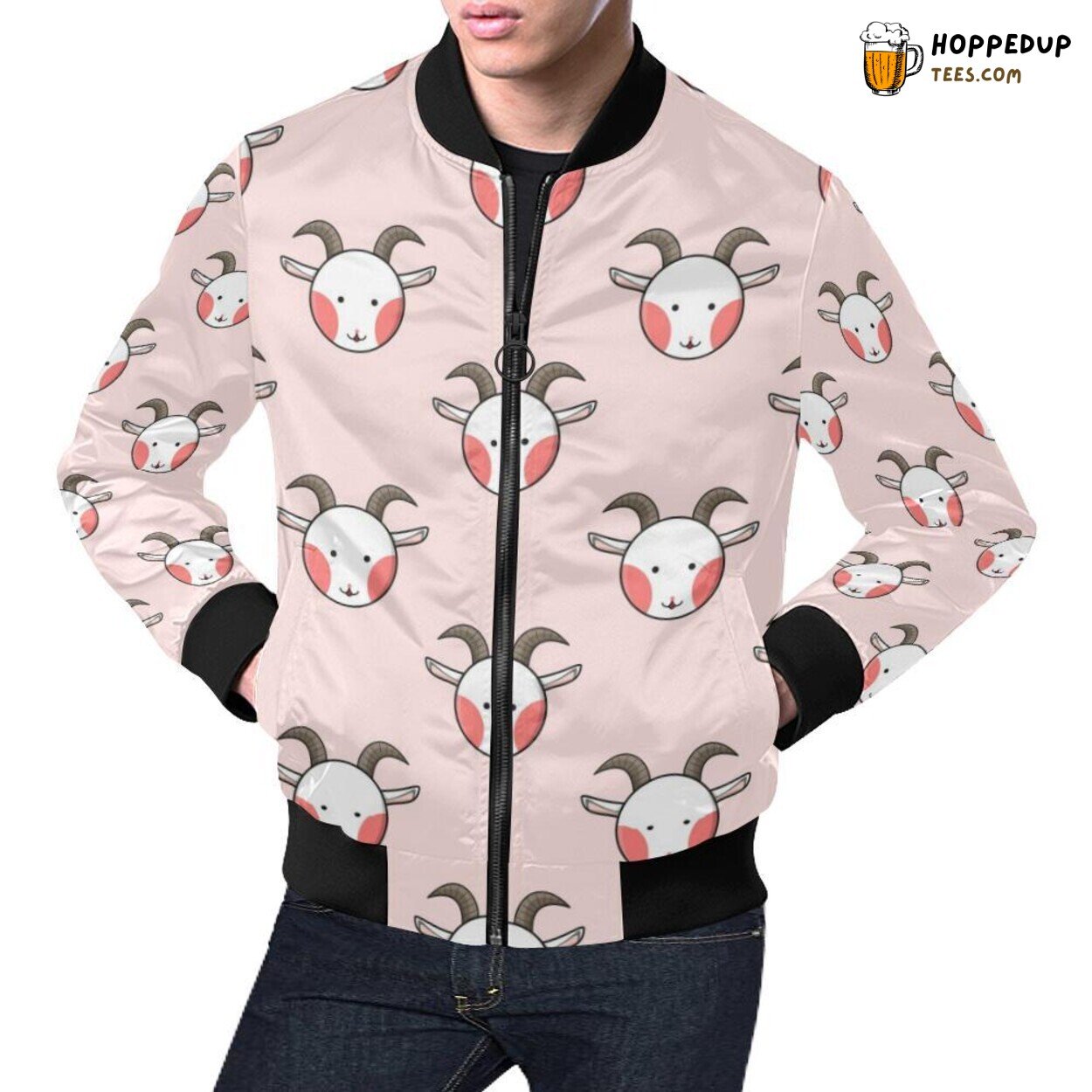 Pink Hue Goat Sheep Combo Print Pattern Men’s Bomber Jacket Design Pink Hue Goat Sheep Combo Print Pattern Men’s Bomber Jacket Design