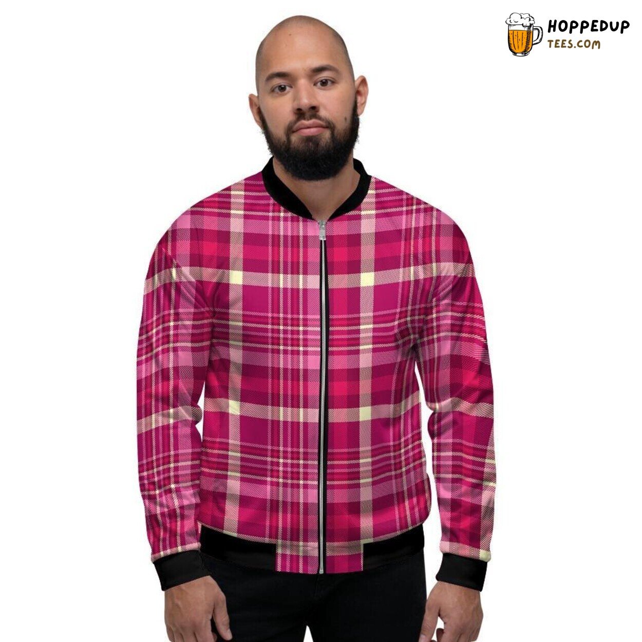 Pink Hue Tartan Plaid Design Men’s Bomber Jacket Vibrant Scottish Fashion Look
