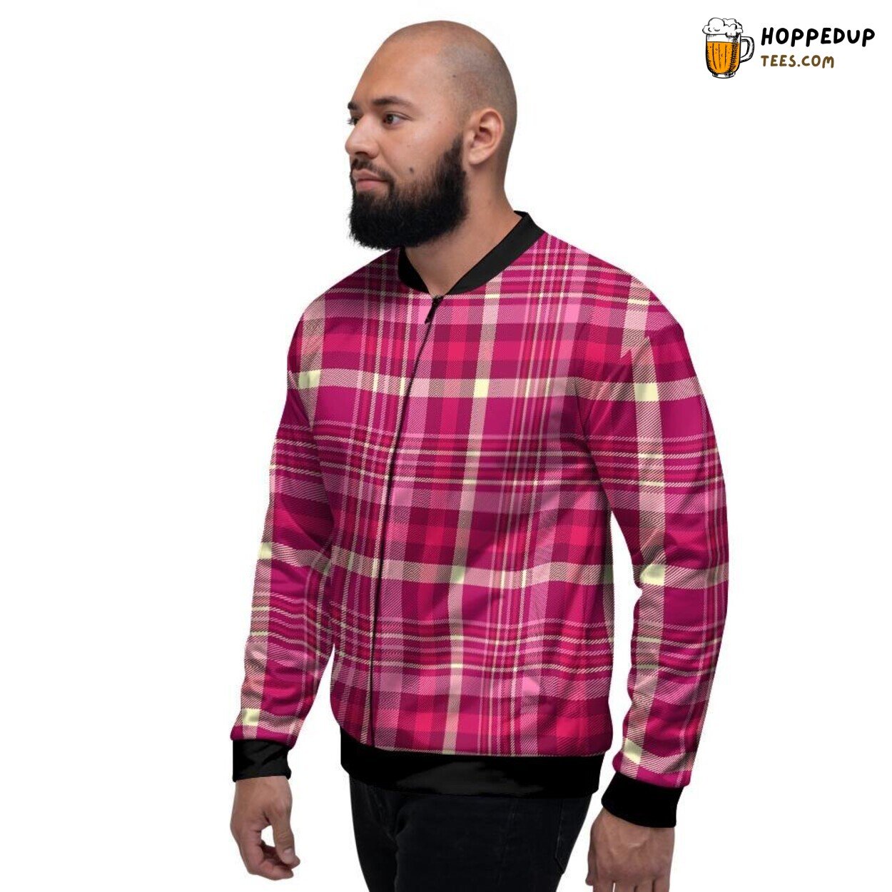 Pink Hue Tartan Plaid Design Men’s Bomber Jacket Vibrant Scottish Fashion Look