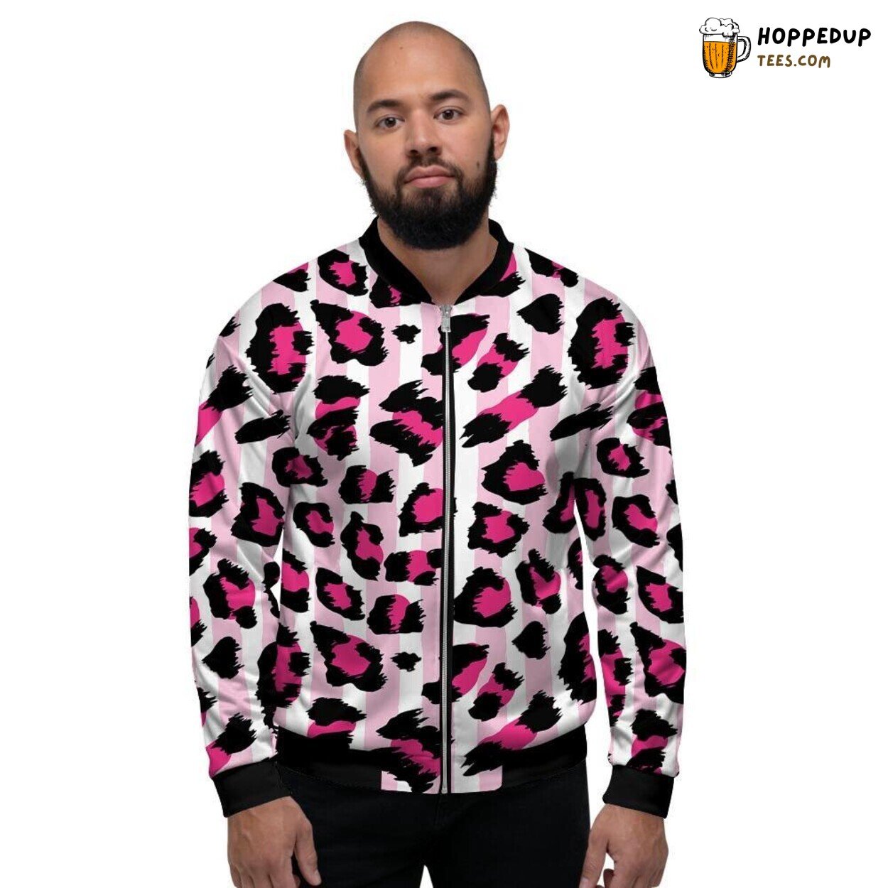 Pink Leopard Striped Design Men’s Bomber Jacket Wild Cat Inspired Pattern