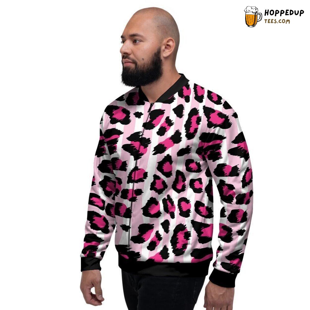 Pink Leopard Striped Design Men’s Bomber Jacket Wild Cat Inspired Pattern