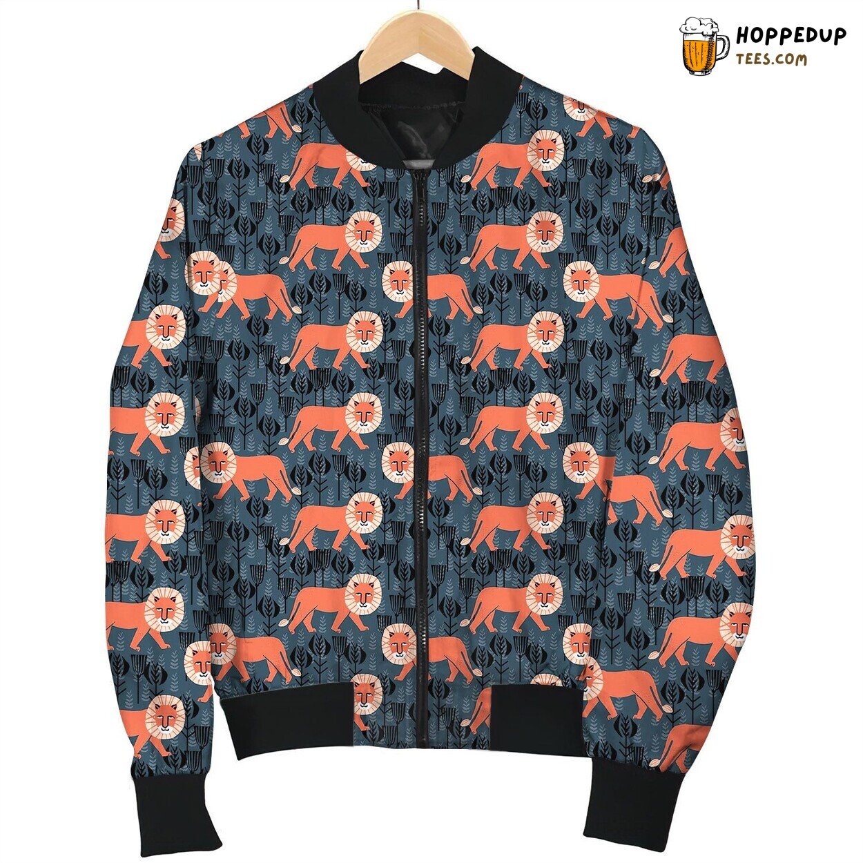 Pink Lion Drawing On Plant Background Bomber Jacket