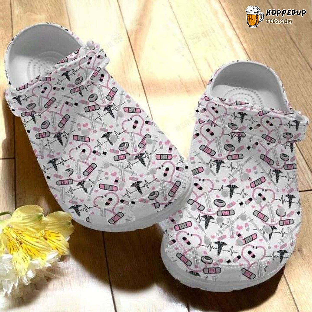 Pink Nurse Pattern Theme Comfortable Clogs Healthcare Professional Shoes
