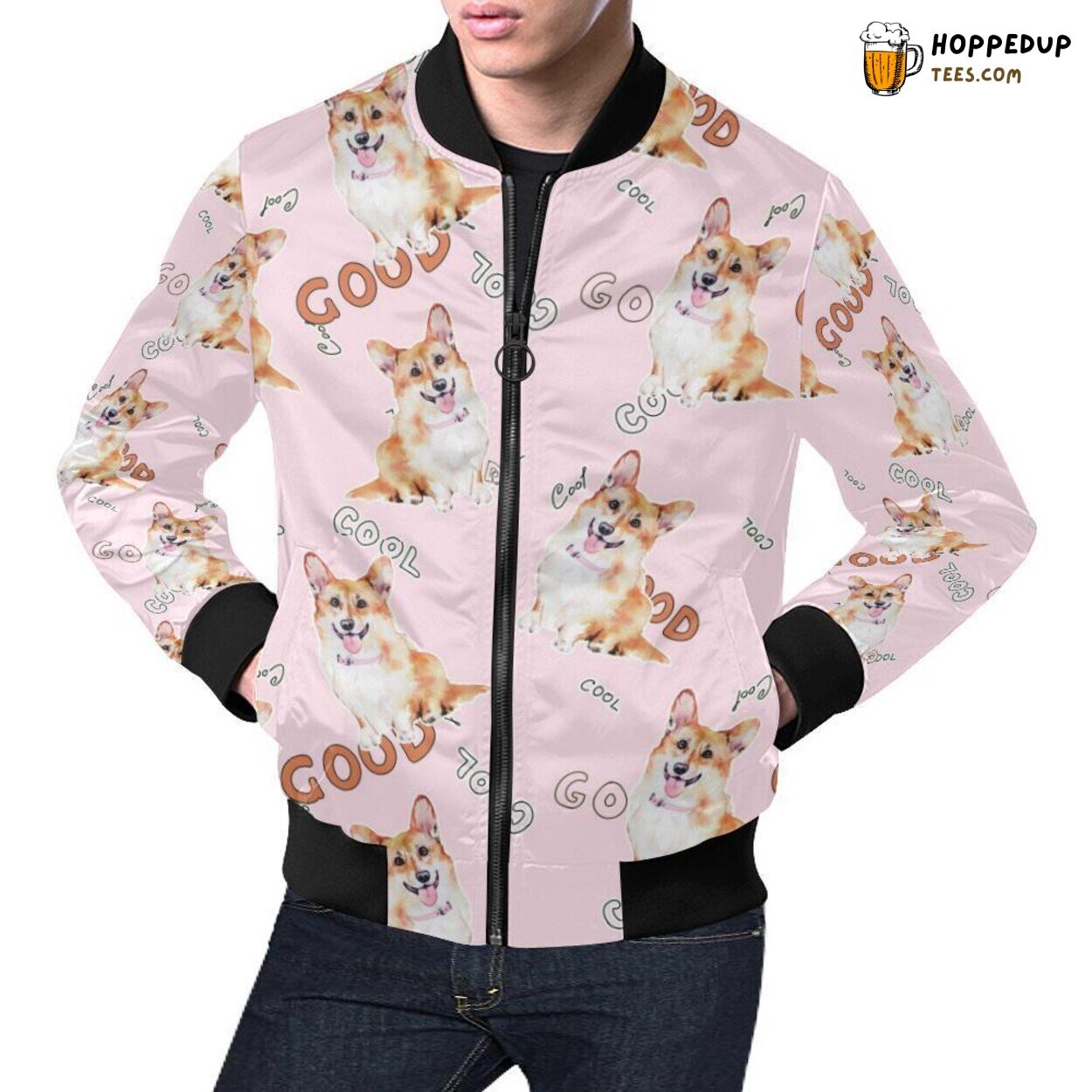 Pink Pastel Corgi Pattern Print Men’s Bomber Jacket Distinctive Design Pink Pastel Corgi Pattern Print Men’s Bomber Jacket Distinctive Design