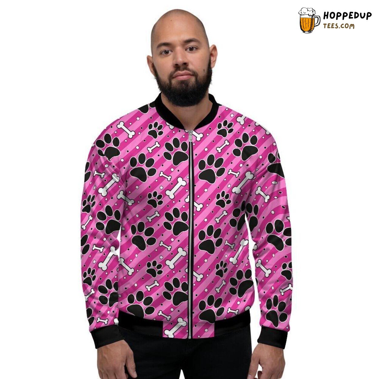 Pink Paw Striped Design Pattern Men’s Bomber Jacket Cute Animal Print Fashion