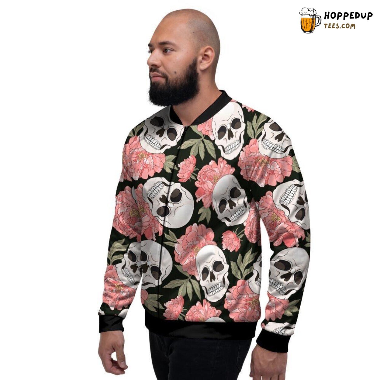 Pink Peony Featuring Mysterious Skull Men’s Bomber Jacket Unique Fusion Design