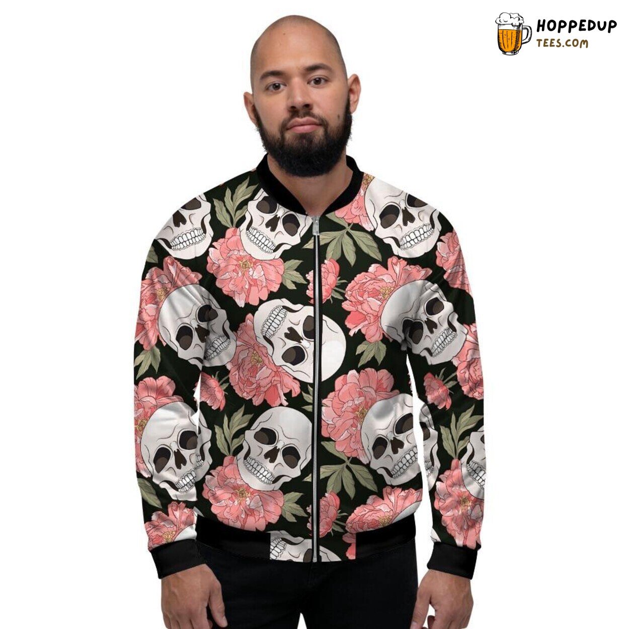 Pink Peony Featuring Mysterious Skull Men’s Bomber Jacket Unique Fusion Design