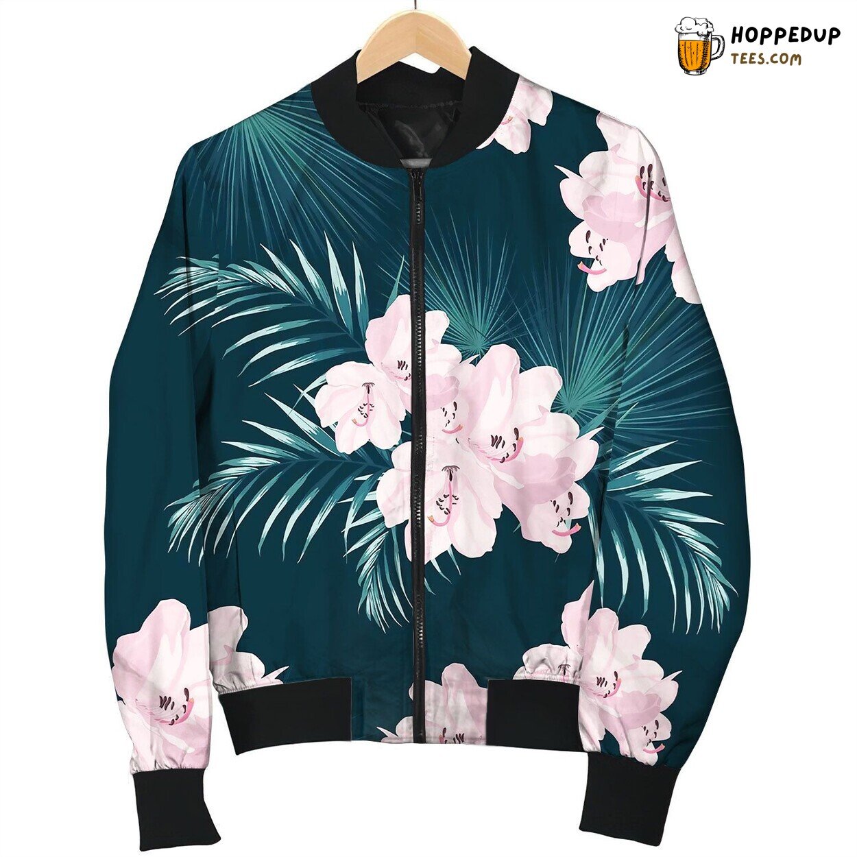 Pink Rhododendron Flowers And Exotic Palm Leaves Bomber Jacket