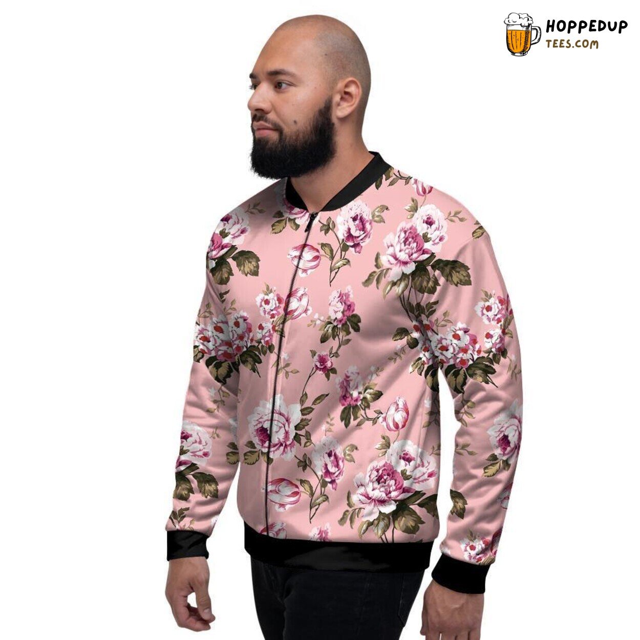 Pink Rose Floral Art Print Design Men’s Bomber Jacket Blossom Pattern Showcase