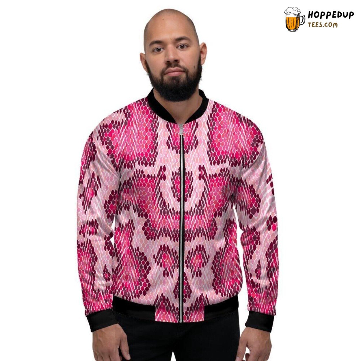Pink Snakeskin Exotic Print Men’s Bomber Jacket Reptilian Aesthetic Design