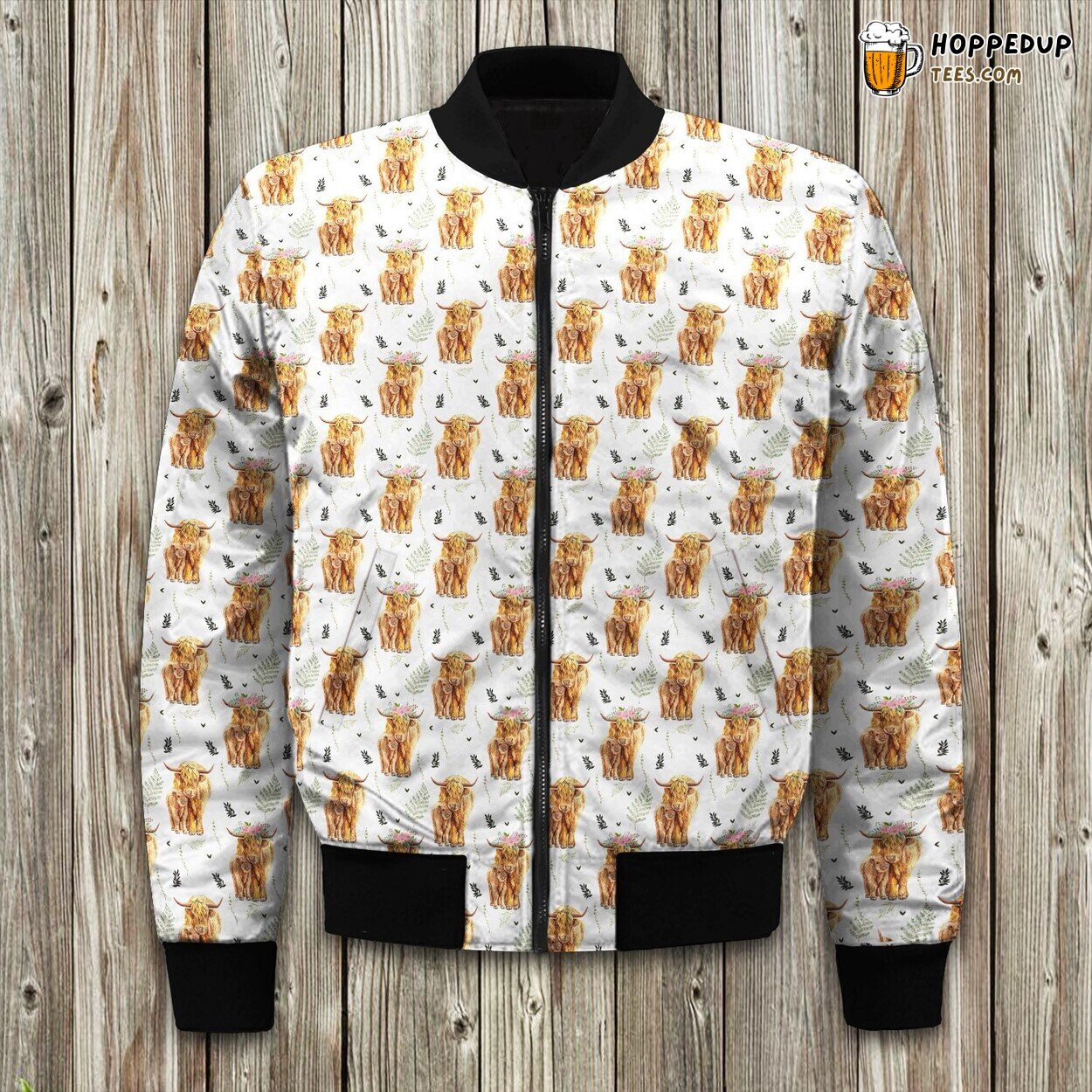 Pink Spring Highland Cow Floral Bomber Jacket