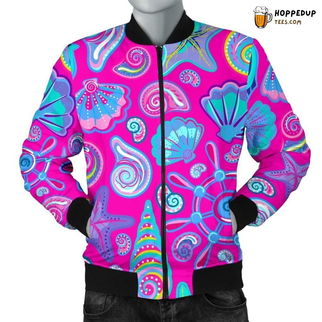 Pink Starfish Oceanic Men’s Bomber Jacket Marine Artistic Design Display