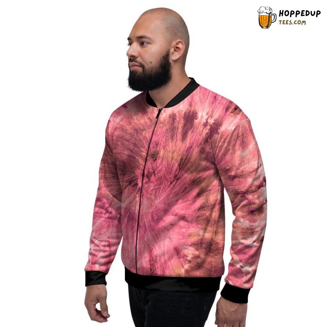 Pink Swirling Tie Dye Art Print Men’s Bomber Jacket Vibrant Color Fusion Design