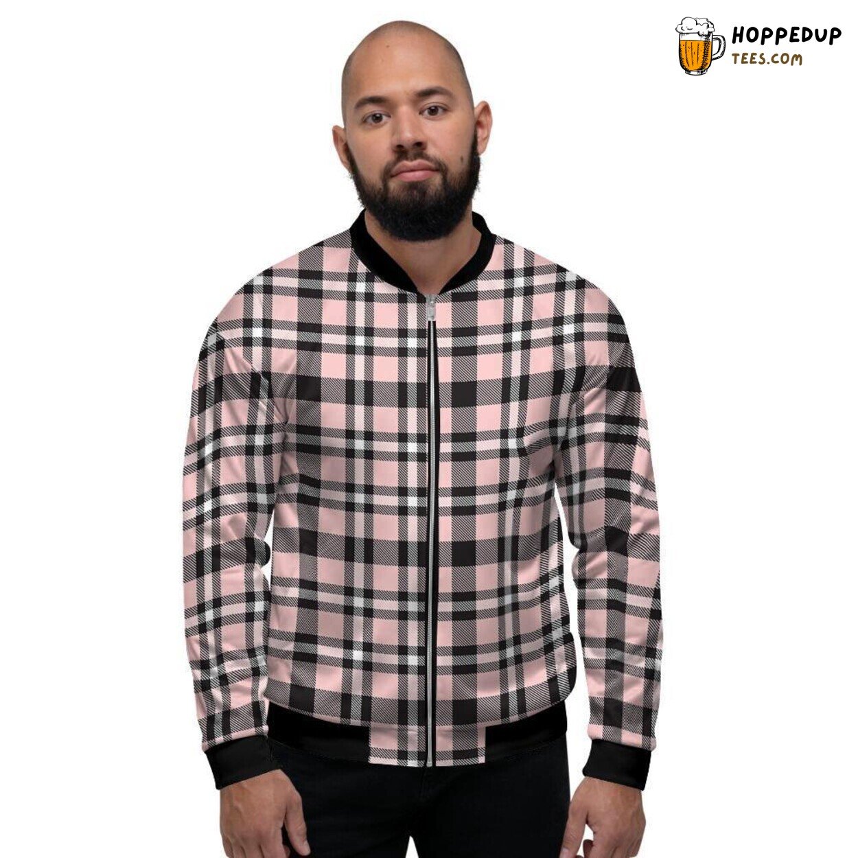 Pink Tartan Plaid Classic Design Men’s Bomber Jacket Timeless Checkered Art