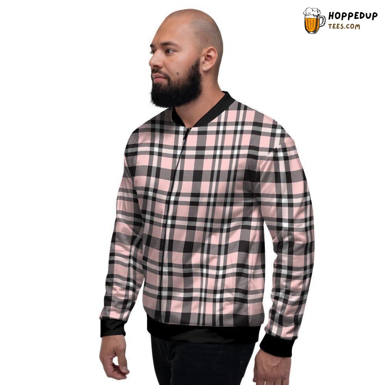 Pink Tartan Plaid Classic Design Men’s Bomber Jacket Timeless Checkered Art