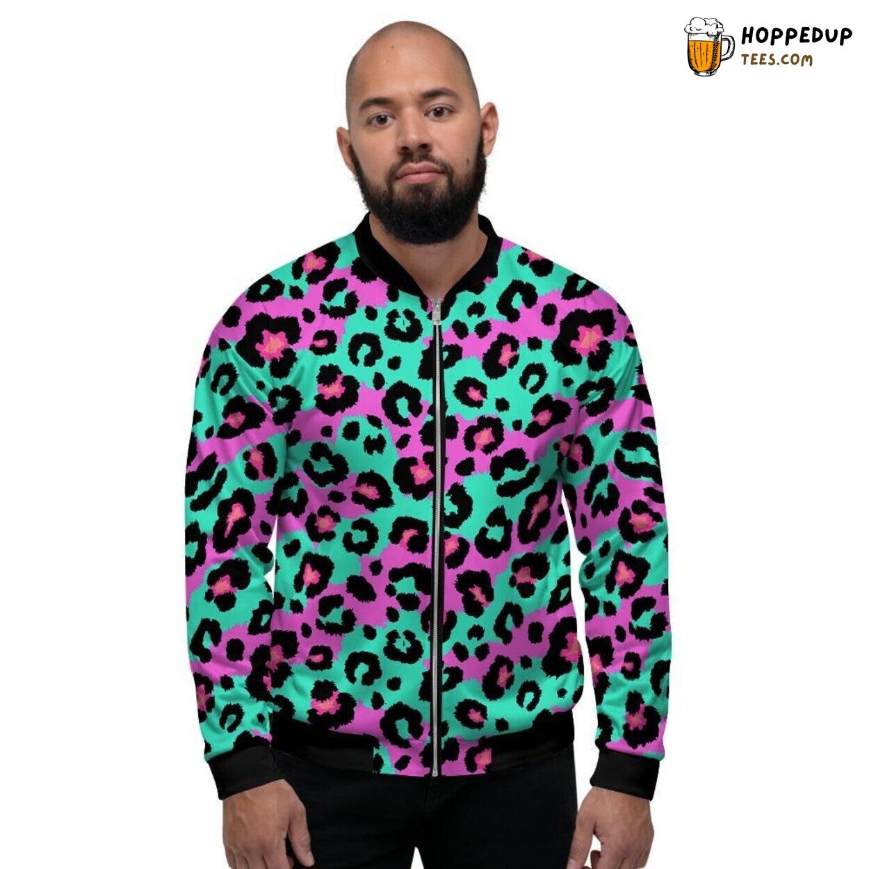 Pink Teal Leopard Inspired Men’s Bomber Jacket Exotic Animal Print Fashion Look