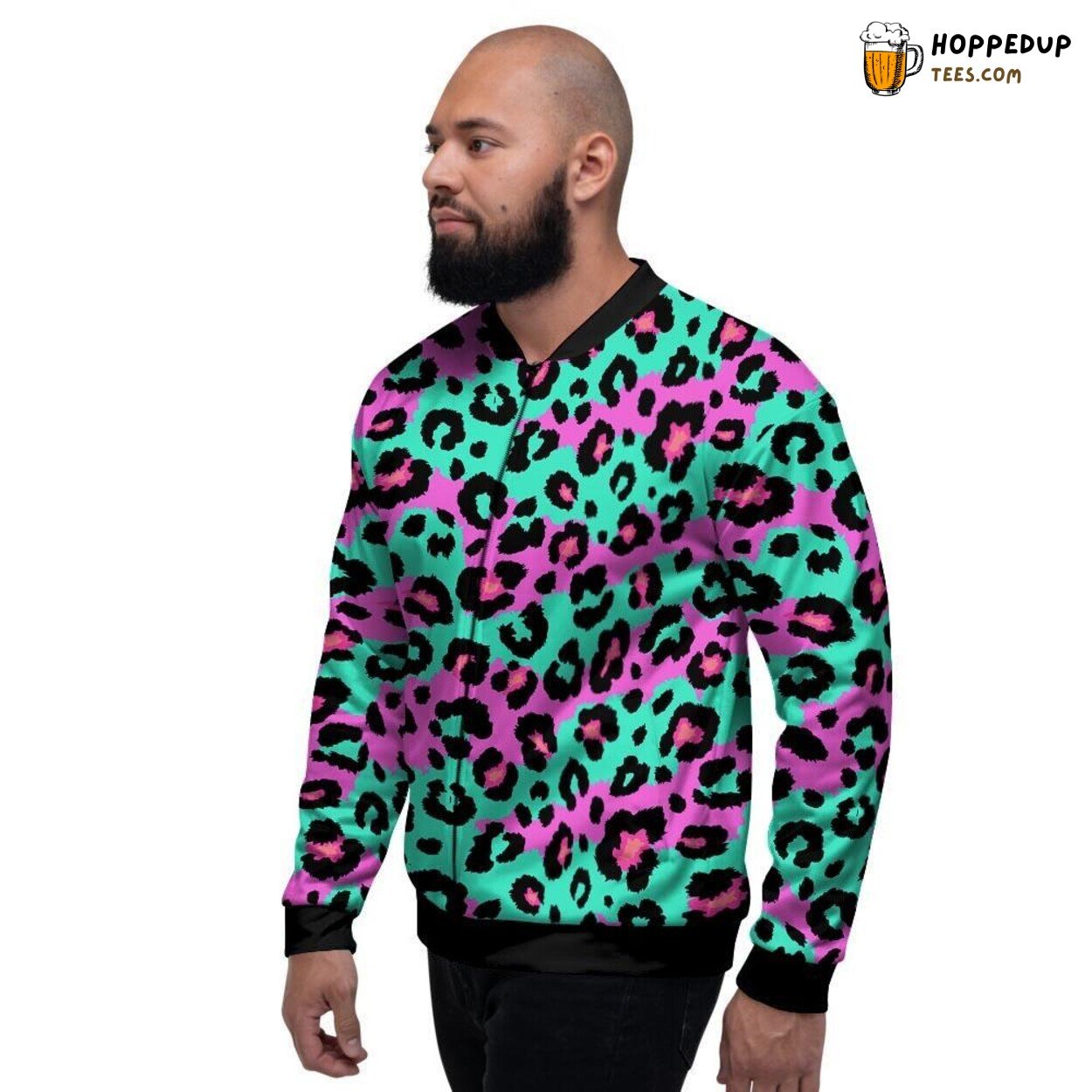 Pink Teal Leopard Inspired Men’s Bomber Jacket Exotic Animal Print Fashion Look