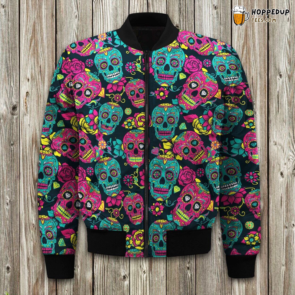 Pink Teal Sugar Skull Bomber Winter Jacket Unique Design Collection Exclusive