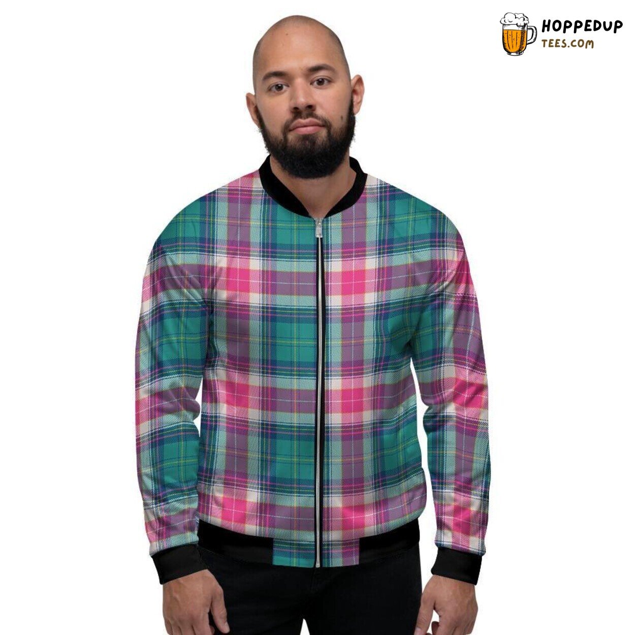 Pink Teal Tartan Plaid Pattern Men’s Bomber Jacket Classic Checkered Design