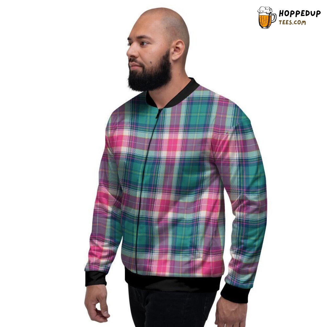 Pink Teal Tartan Plaid Pattern Men’s Bomber Jacket Classic Checkered Design