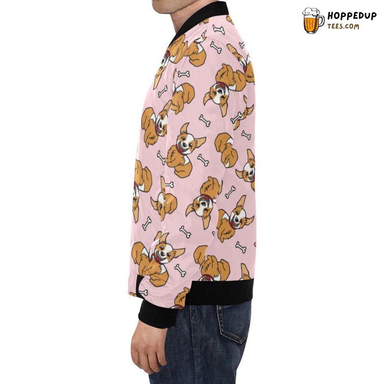 Pink Themed Corgi Pattern Print Men’s Bomber Jacket Unique Design