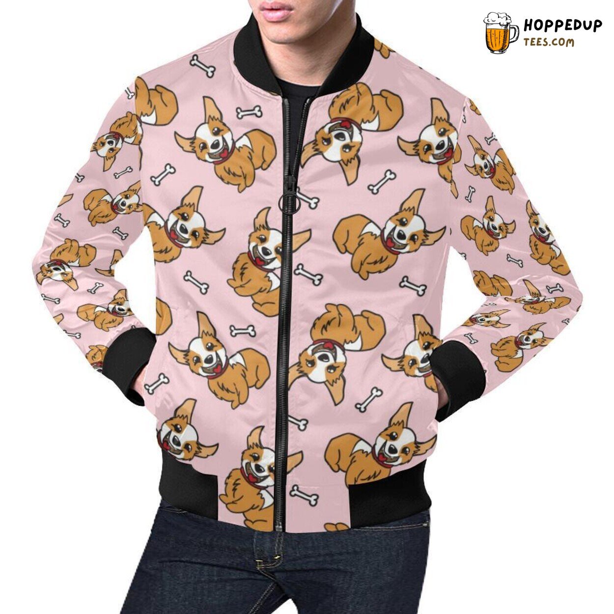 Pink Themed Corgi Pattern Print Men’s Bomber Jacket Unique Design Pink Themed Corgi Pattern Print Men’s Bomber Jacket Unique Design