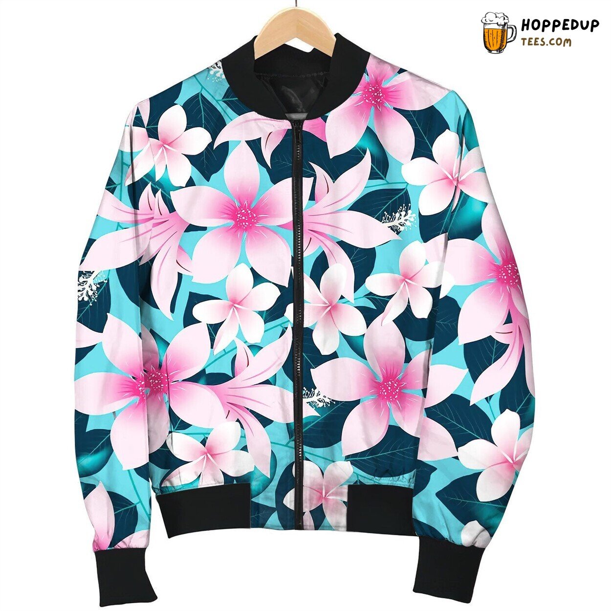 Pink Tropical Hibiscus Flowers With Blue Leaves Bomber Jacket