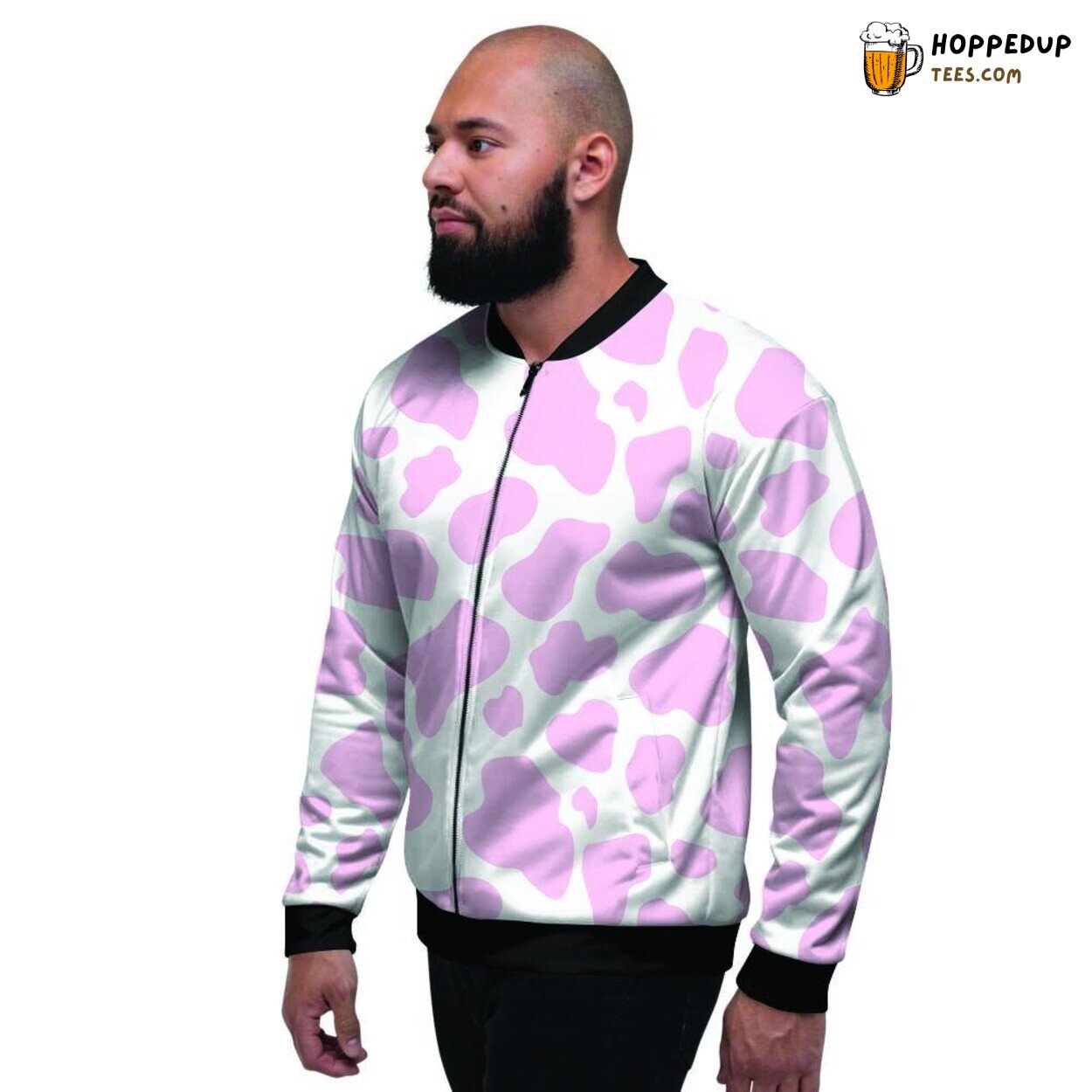 Pink White Artistic Cow Pattern Print Men’s Bomber Jacket Animal Design Fusion