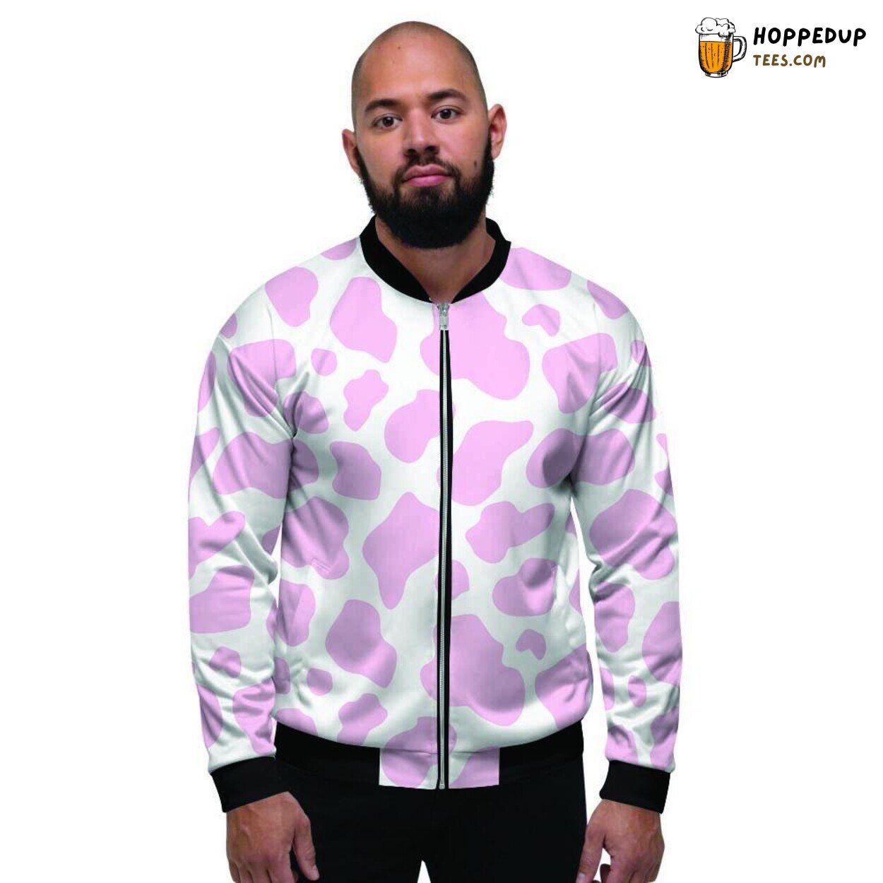 Pink White Artistic Cow Pattern Print Men’s Bomber Jacket Animal Design Fusion