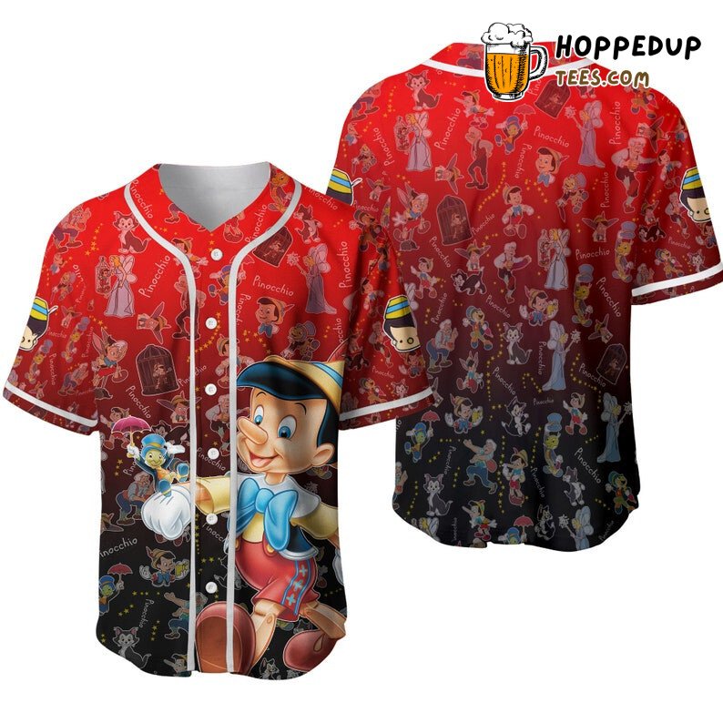 Pinocchio Jiminy Cricket Geppetto Monstro All Over Print Baseball Jersey Red Unisex Jersey Shirt