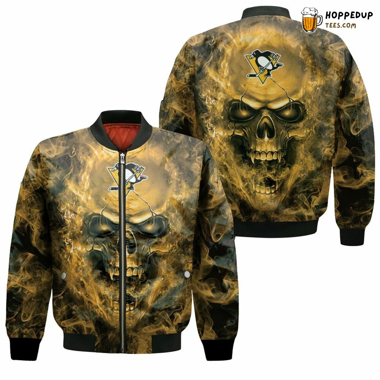 Pittsburgh Penguins NHL Edgy Skull Graphic Bomber Jacket Trim