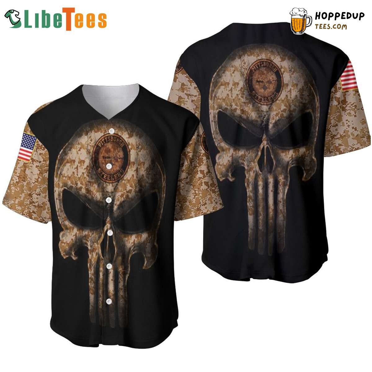 Pittsburgh Steelers Camouflage Skull Baseball Jersey Tribute