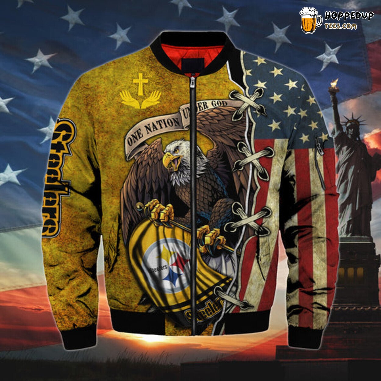 Pittsburgh Steelers Men Bomber Jacket One Nation Under God Sporty Look Edition