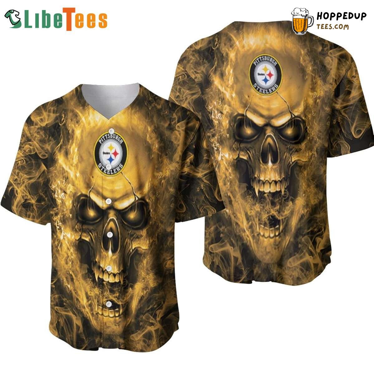 Pittsburgh Steelers Skull In Flames Graphic Baseball Jersey