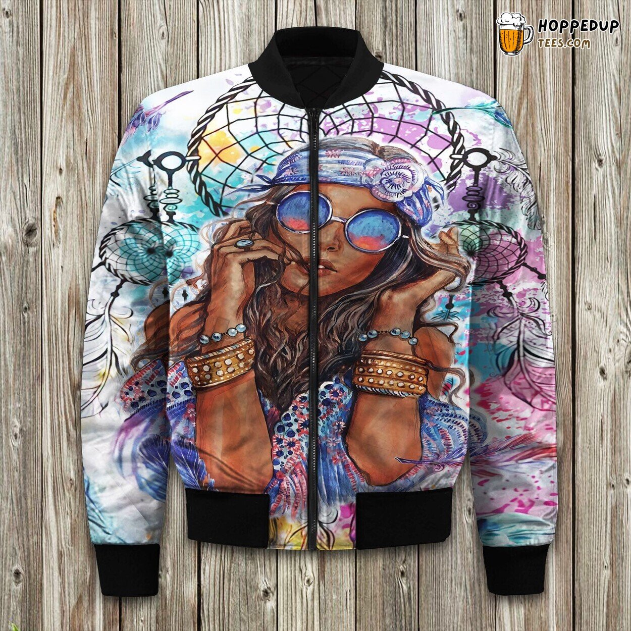 Playful Boho Hippie Pug Design Winter Bomber Jacket Premium Craft Series Lux