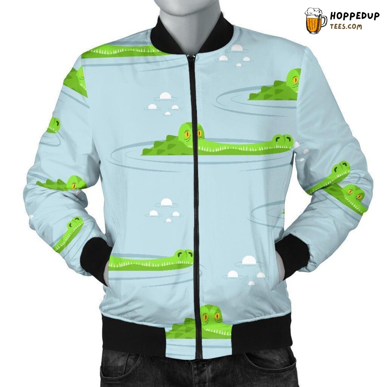 Playful Crocodile Cartoon Men’s Bomber Jacket Unique Pattern Essence Art