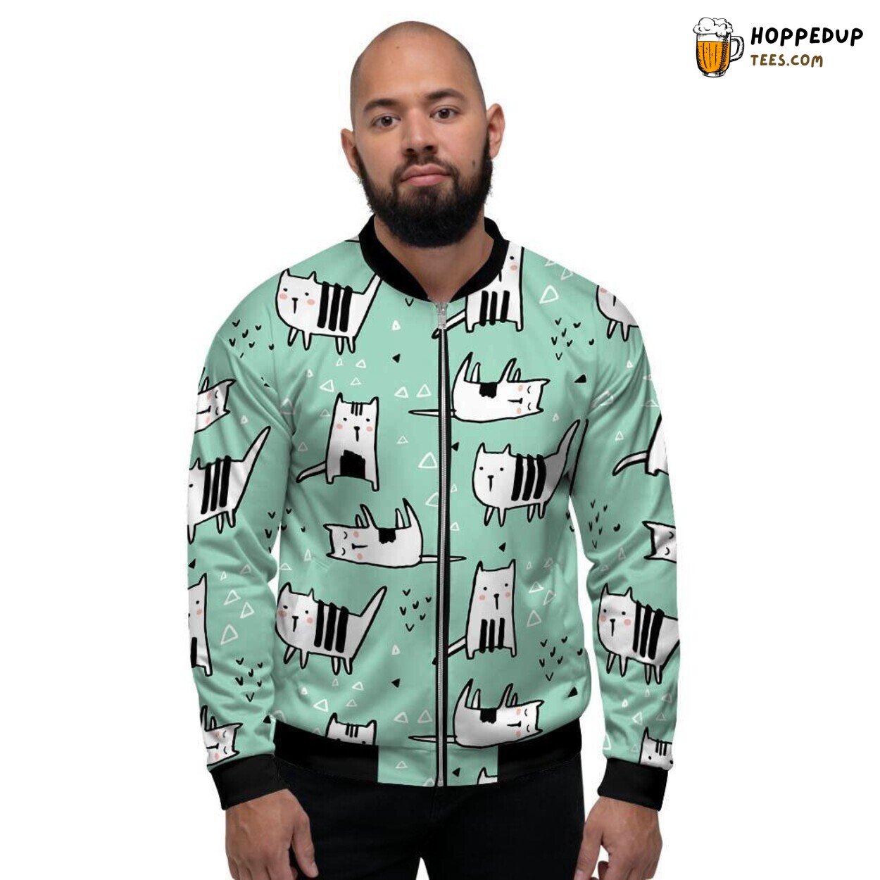 Playful Green Feline Doodle Display Men’s Bomber Jacket Whimsical Cat Patterns Playful Green Feline Doodle Display Men’s Bomber Jacket Whimsical Cat Patterns