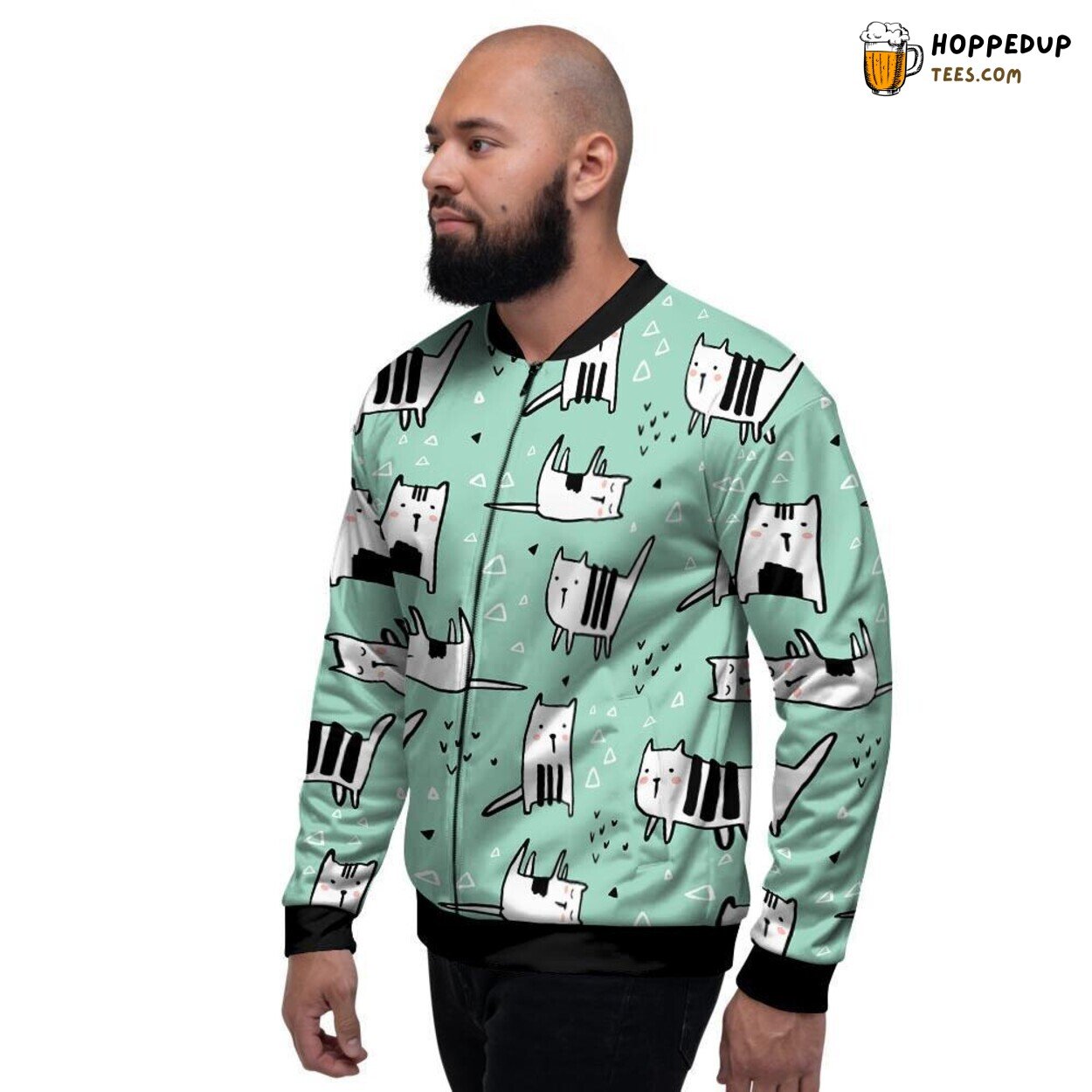 Playful Green Feline Doodle Display Men’s Bomber Jacket Whimsical Cat Patterns