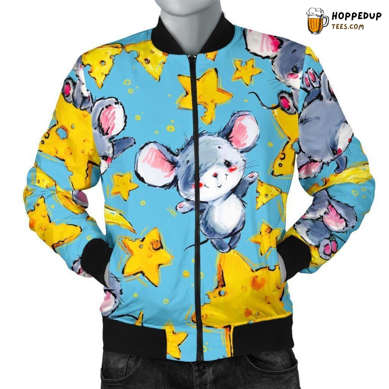 Playful Mouse Cheese Chase Men’s Bomber Jacket Unique Pattern Design Art